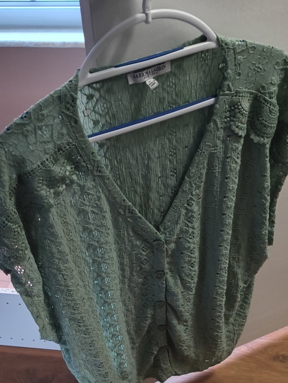 Sabrina Lauren Green Lace Button-Front Blouse